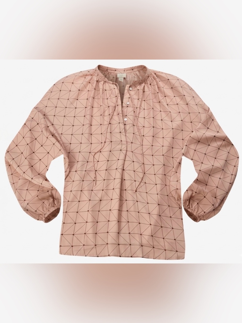 A New Day Womens XXL Tan Geometric Grid Long Sleeve Tie Neck Blouse Top